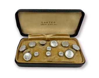 Larter Art Deco Gold Filled and Mother of Pearl 4 Tuxedo Shirt Studs 4 Vest Studs with Matching Double Sided Cufflinks in Original Box