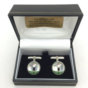 Vintage Reverse Carved Hand Painted Glass Golfer Crystal Style Sterling Silver Cufflinks with Box
