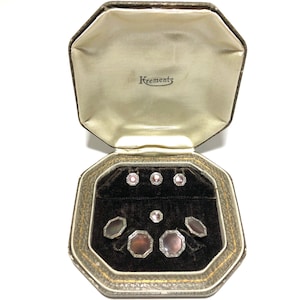 Art Deco Krementz goud en abalone met platina ingelegde velgen Tuxedo Stud Set met bijpassende manchetknopen in originele doos