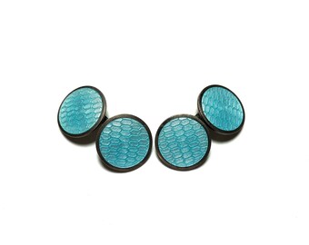 Antique Art Deco KREMENTZ Sterling Silver with Turquoise Guilloche Enamel Double Sided Round Cufflinks with Gift Box