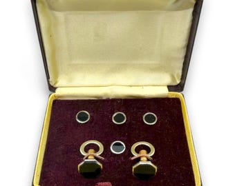 Hickok Art Deco 1930's Gold Plate and Onyx 4 Screwback Tuxedo Studs with Matching Cufflinks in Original Box Men's Gifts