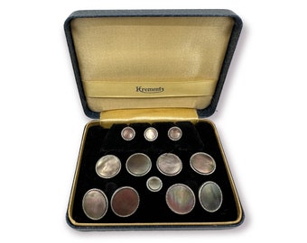 Krementz Art Deco Gold Filled and Abalone 4 Tuxedo Shirt Studs 4 Vest Studs with Matching Double Sided Cufflinks in Original Box