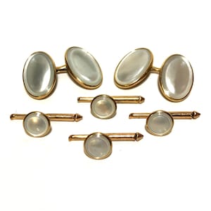 Zestaw spinek do smokingu Larter Art Deco 14k Gold i Mother Of Pearl z pasującymi spinkami do mankietów w pudełku prezentowym