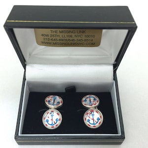 Vintage Reverse Carved Hand Painted Glass Anchor Pair Sterling Silver French Cufflinks with Box