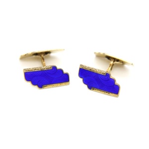 Retro 1940s Norwegian Gold Sterling Silver Blue Enamel Cufflinks Scandinavian Art Deco Wedding Men Gifts Fathers European Fashion Jewelry