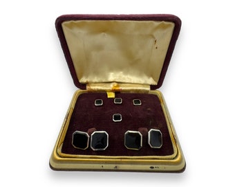 Swank Chrome & Black Onyx 4 Tuxedo Shirt Studs with Matching Cufflinks Complete 6pc Set In Original Presentation Box Men's Wedding Gifts