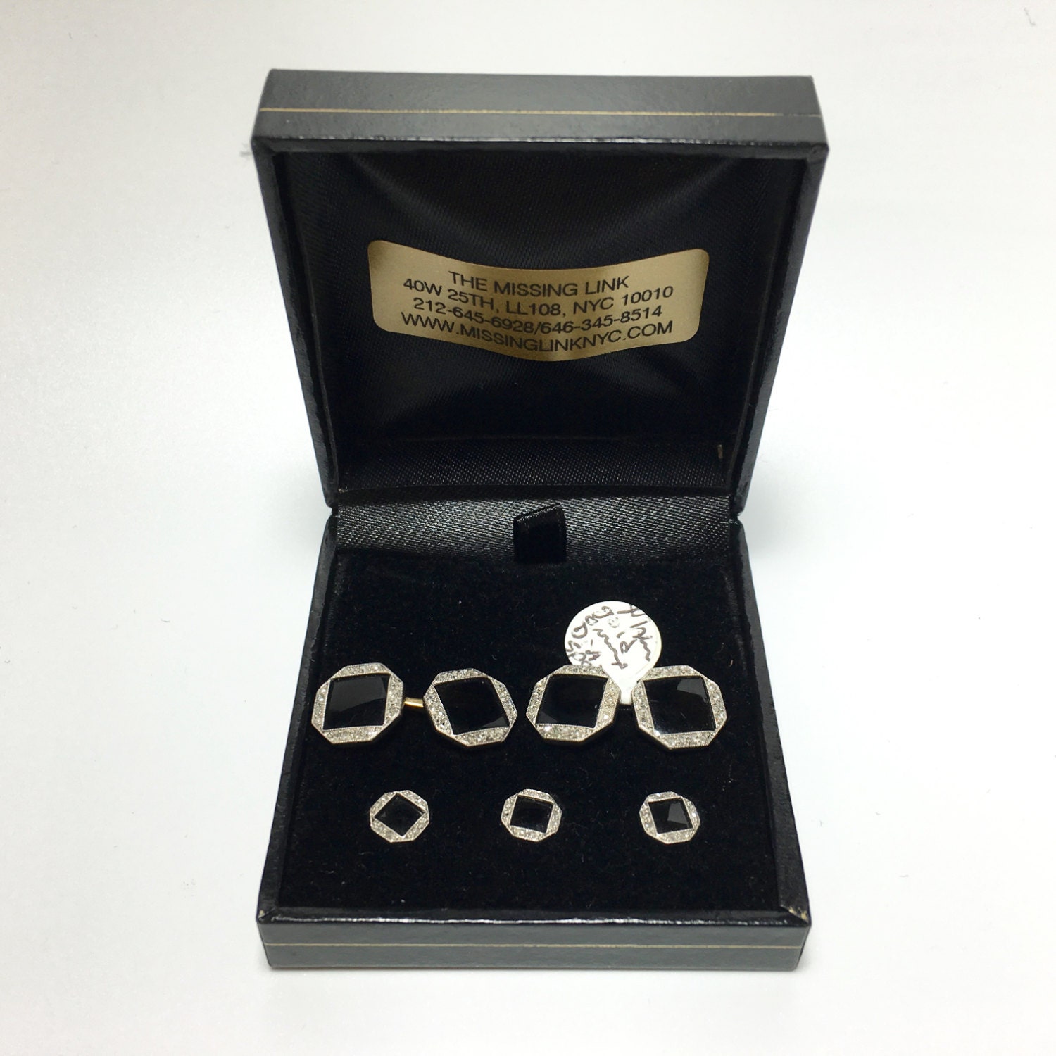 14K Gold and Diamond W/ Onyx Double Sided Platinum Rims Stud Set in Gift Box,