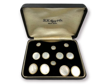Krementz for Macy's Gold Filled and Mother of Pearl 4 Tuxedo Shirt Studs 4 Vest Studs with Matching Double Sided Cufflinks Original Box