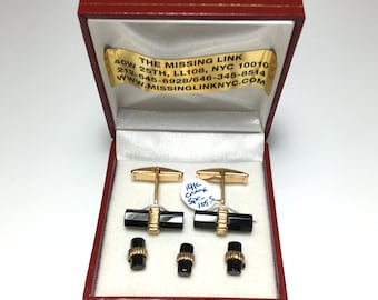 14K and Onyx Log Cufflink and 3 Matching Shirt Studs with Box Circa 1950s
