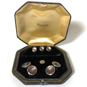 Krementz Art Deco Gold and Abalone with Platinum Inlay Rims Tuxedo Stud Set with Matching Cufflinks in Original Box
