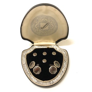 Krementz Art Deco Gold and Abalone with Platinum Inlay Rims Tuxedo Stud Set with Matching Cufflinks in Original Box 1930s
