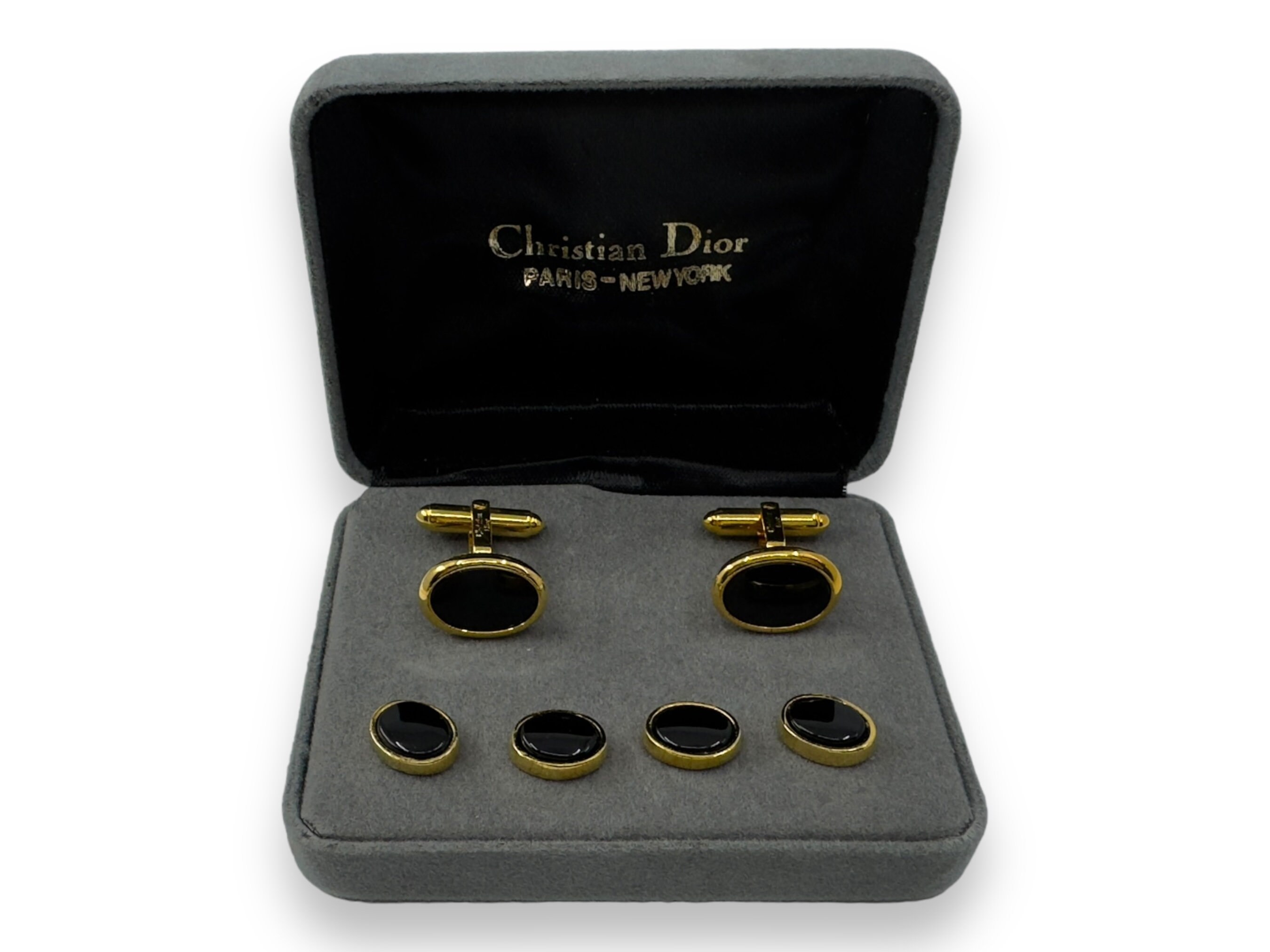 Christian Dior 1960's Gold Plate & Onyx 4 Tuxedo Shirt Studs With