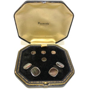 Art Deco Krementz goud en abalone met platina ingelegde velgen Tuxedo Stud Set met bijpassende manchetknopen in originele doos