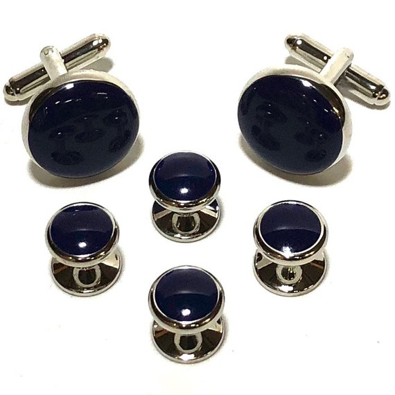 Vintage Deco Chrome and Blue Enamel Tuxedo Stud S… - image 1