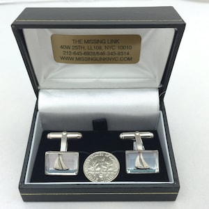 Vintage Reverse Carved Hand Painted Glass Sailboat Crystal Style Sterling Silver Cufflinks with Box