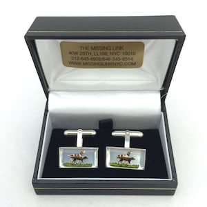 Vintage Reverse Carved Hand Painted Glass Hunting Dogs Crystal Style Sterling Silver Cufflinks with Box