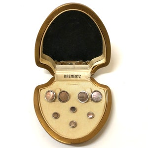 Krementz Art Deco Gold and Abalone with Platinum Inlay Rims Tuxedo Stud Set with Matching Cufflinks in Original Box 1930s
