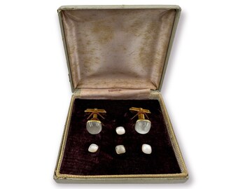 Swank Art Deco 1940's Gold Plate and Art Glass Moonstone 4 Tuxedo Shirt Studs with Matching Cufflinks in Original Box