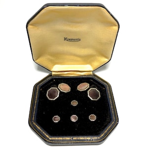 Art Deco Krementz goud en abalone met platina ingelegde velgen Tuxedo Stud Set met bijpassende manchetknopen in originele doos