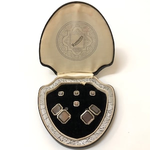 Krementz Art Deco Gold and Abalone with Platinum Inlay Rims Tuxedo Stud Set with Matching Cufflinks in Original Box 1930s