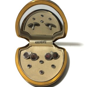 Krementz Art Deco Gold and Abalone with Platinum Inlay Rims Tuxedo Stud Set with Matching Cufflinks in Original Box 1930s