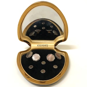 Krementz Art Deco Gold and Abalone with Platinum Inlay Rims Tuxedo Stud Set with Matching Cufflinks in Original Box 1930s