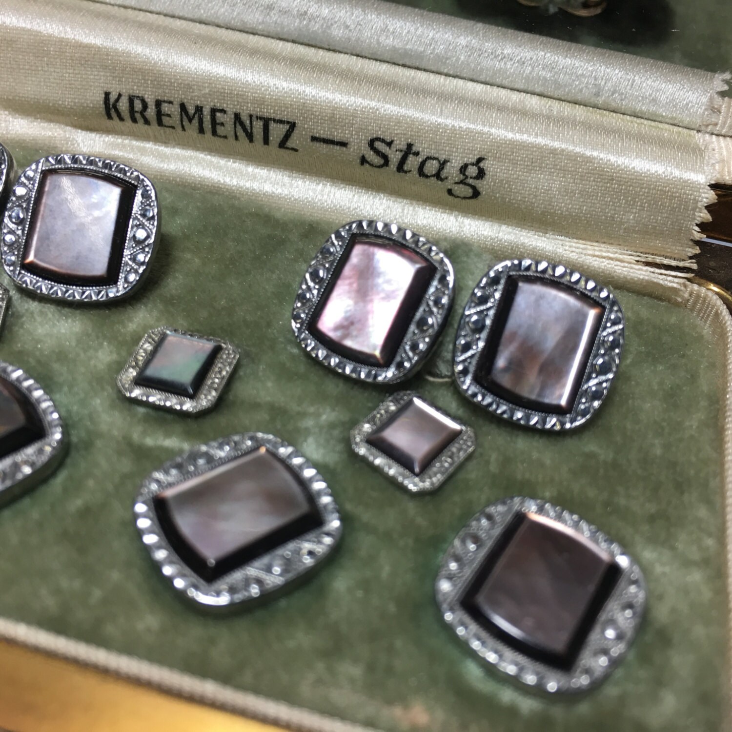 Art Deco Krementz Platinum Inlay Rims Abalone Gold Filled Tuxedo Stud ...