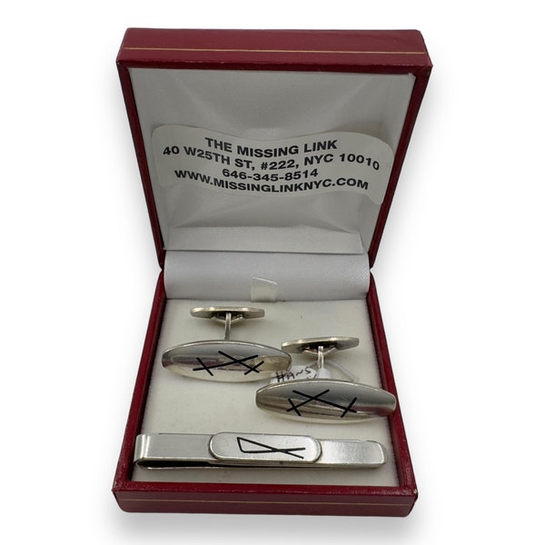 Hans Hansen Denmark Sterling Silver .925 and Black Enamel Cufflinks and Tiebar Formal Gifts, Weddings Gifts In Gift Box