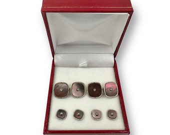 Swank Art Deco 1930's Smoke Mother of Pearl with Pearl Gold Filled 4 Tuxedo Shirt Studs with Matching Double Sided Cufflinks in Gift Box