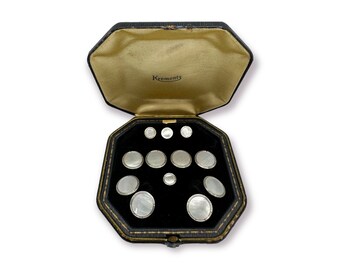 Krementz Art Deco Gold Filled and Mother of Pearl 4 Tuxedo Shirt Studs 4 Vest Studs with Matching Double Sided Cufflinks in Original Box