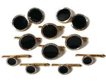 Larter Art Deco 14k Gold with Onyx and Platinum Inlay Rims Stud Set with Matching Cufflinks & Vest Studs in Gift Box