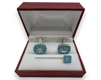 Sterling Silver & Turquoise Enamel Star Cufflinks with Matching Stickpin Men's Gifts, Weddings Gifts, Fathers Day Gifts, Formal Gifts