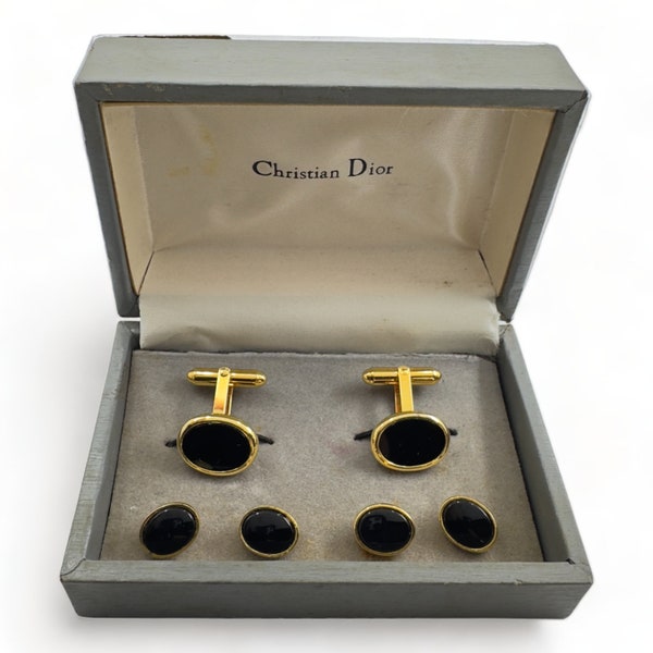 Christian Dior 1960's Gold Plate & Onyx 4 Tuxedo Shirt Studs with Matching Cufflinks In Original Presentation Box