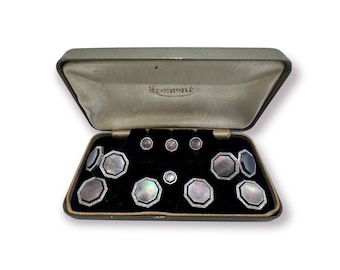 Krementz Art Deco 1930's Gold Filled and Abalone 4 Tuxedo Shirt Studs 4 Vest Studs with Matching Double Sided Cufflinks in Original Box