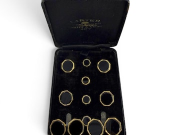 Larter Art Deco Gold-plated & Onyx 4 Tuxedo Studs 4 Vest Studs and Double-sided Cufflink Set