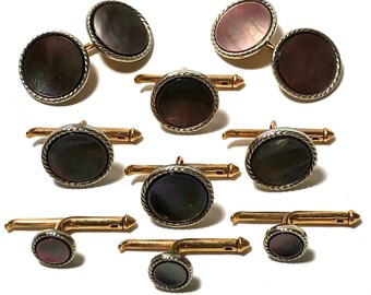 Art Deco 10k Gold and Abalone with Platinum Inlay Rims Tuxedo Stud Set with Matching Cufflinks & Vest Studs in Gift Box