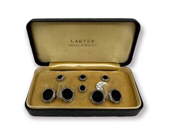 Larter Art Deco 1930's Gold Filled and Onyx 4 Tuxedo Shirt Studs with Matching Double Sided Cufflinks in Original Box Groomsmen's Gifts