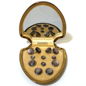 Krementz Art Deco Gold and Abalone with Platinum Inlay Rims Complete Tuxedo Stud Set with Matching Cufflinks in Original Box 1930s