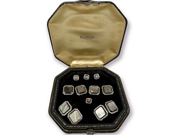 Krementz Art Deco Gold Filled and Abalone 4 Tuxedo Shirt Studs 4 Vest Studs with Matching Double Sided Cufflinks in Original Box