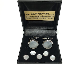 Vintage Mother of Pearl Cufflink and Shirt Stud Set, Silver Filled Tuxedo Accessories