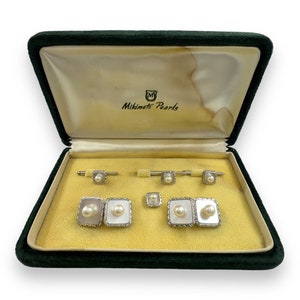 Mikimoto Art Déco plata de ley y nácar 4 perno prisionero de camisa de perla de esmoquin con gemelos de doble cara a juego en caja original