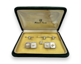 Mikimoto Art Deco Sterling Silver & Mother of Pearl 4 Tuxedo Pearl Shirt Stud with Matching Double-sided Cufflinks In Original Box