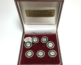 Platinum Diamond Mother of Pearl and Onyx Cufflinks and Studs with Box, Weddings Gifts, Groomsmen Gifts, Grooms Gifts, Fathers Day Gifts,