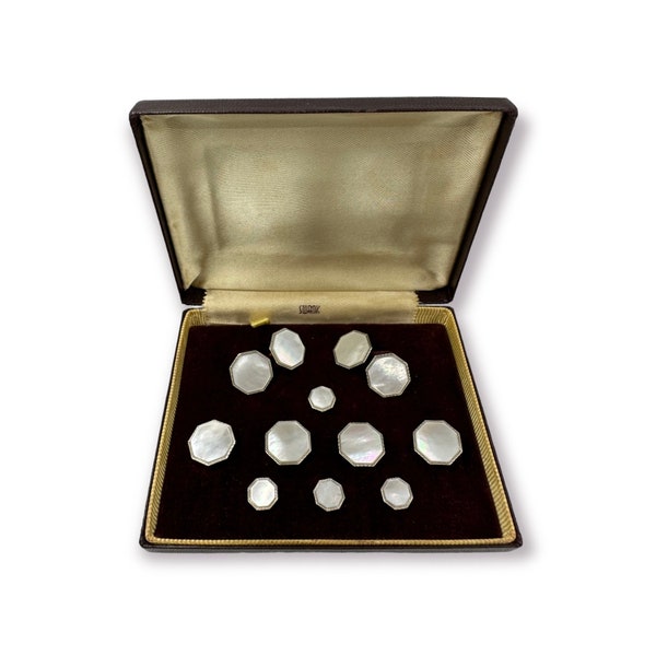 Swank Art Deco Gold Plate and Mother of Pearl 4 Tuxedo Shirt Studs 4 Vest Studs with Matching Double Sided Cufflinks in Original Box