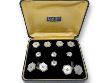 Larter Chrome and Mother of Pearl & Pearl Center 4 Tuxedo Shirt Studs 4 Vest Studs with Matching Double Sided Cufflink in Original Box