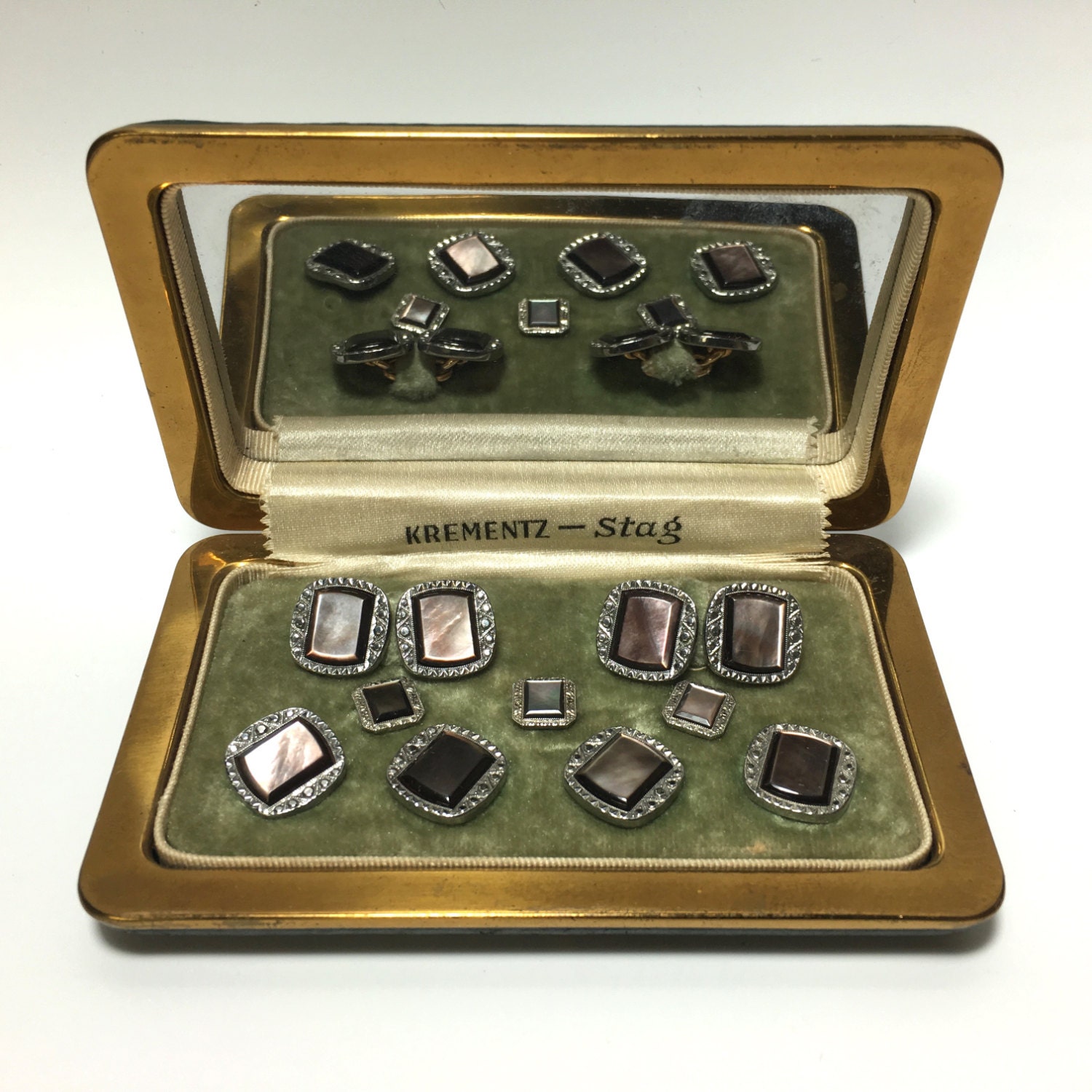 Art Deco Krementz Platinum Inlay Rims Abalone Gold Filled Tuxedo Stud ...