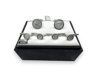 David Donahue Sterling Silver & Mother of Pearl 4 Tuxedo Shirt Studs with Matching Double Sided Cufflinks in Original Presentation Box