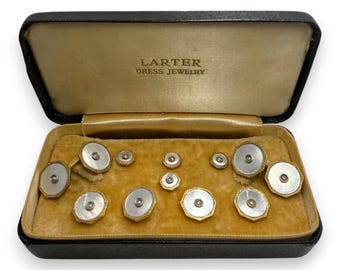 Larter Gold Filled and Mother of Pearl & Pearl Center 4 Tuxedo Shirt Studs 4 Vest Studs with Matching Double Sided Cufflink in Original Box