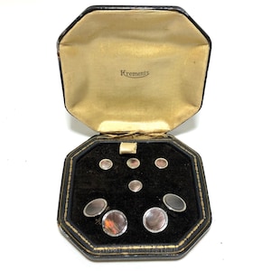 Art Deco Krementz goud en abalone met platina ingelegde velgen Tuxedo Stud Set met bijpassende manchetknopen in originele doos