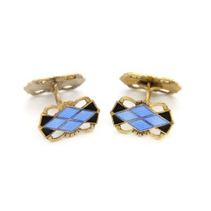 Retro 1940s Norwegian Gold Sterling Silver Black Blue Enamel Cufflinks Scandinavian Art Deco Wedding Men Gifts Fathers European Jewelry
